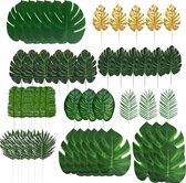 Joya Party® 72 Stuks Tropische Bladeren Decoratie | Kunst Blad Jungle Decoratie | Verjaardag Versiering | Palm bladeren | Groen & Goud