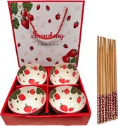Set van 4 Keramieke Aardbeien Kommetjes met Eetstokjes - Serveer Schaaltjes voor fruit, rijst, hapjes