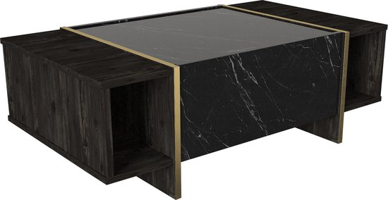 Vente-unique Table basse - 1 porte et 2 niches - Effet marbre Zwart et couleur or - CADEBA L 103,8 cm x H 37,3 cm x P 60 cm