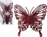 Decoris kerstboom decoratie vlinders op clip - 6x - donkerrood - 13 cm