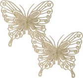 Decoris kerstboom decoratie vlinders op clip - 2x - champagne - 13 cm
