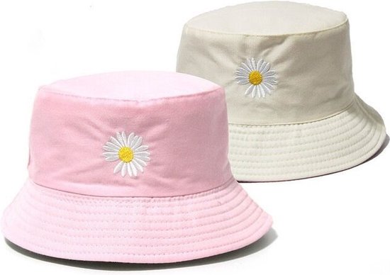 Bucket hat - Bloem - 2 in 1 - Dames - Heren - Zonnehoedje - Vissershoedje - Vissers Hoed - Dubbel - Roze - Beige