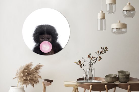 Décoration murale - Cercle mural - Singe - Chimpanzé - Chewing- Animaux - Animaux - Rose - Filles - Garçons - Décoration chambre enfant - 90x90 cm - Plastique