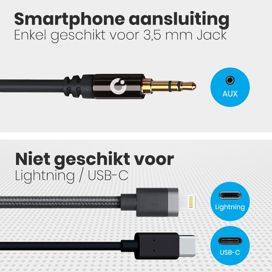 Illustratie toont aansluiting via 3,5 mm jack-ingang (AUX), niet compatibel met Lightning of USB-C.