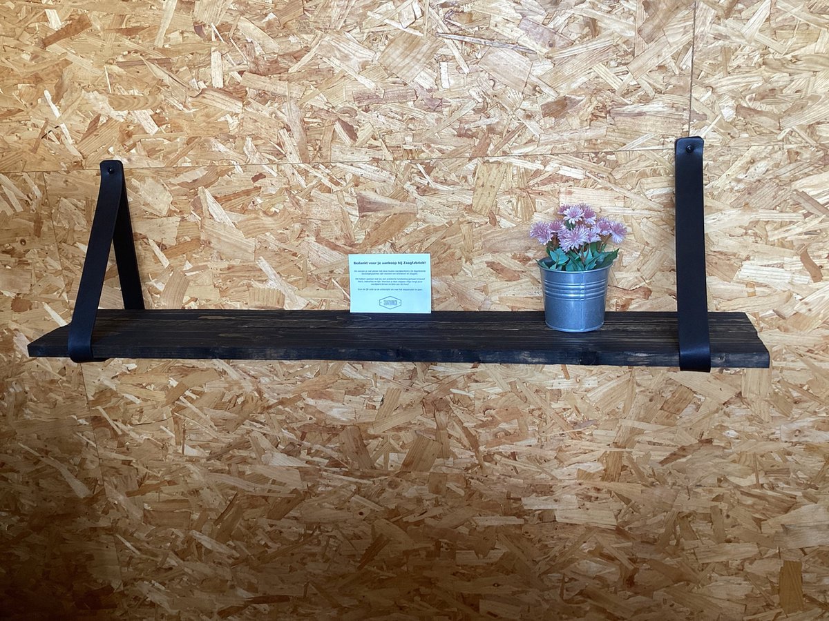 Houten vuren wandplank zwart- keukenplank- boekenplank - inclusief twee zwarte vegan plankdragers- 118 x 19,5 x2 cm