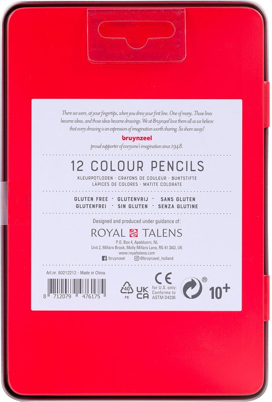 Rood metalen blik met daarop de tekst '12 COLOUR PENCILS' en afbeeldingen.