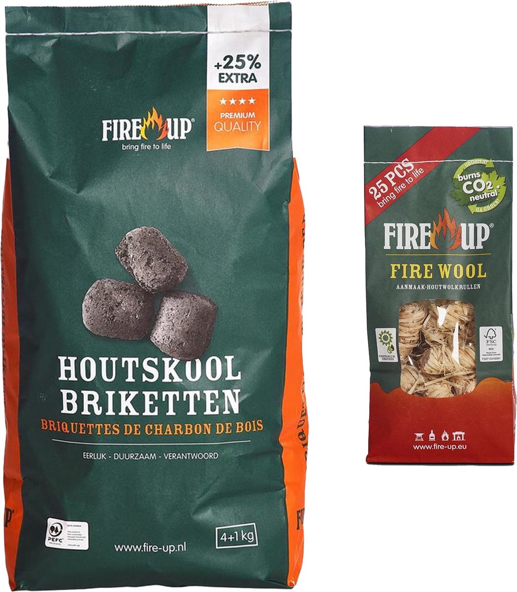 BBQ starterspakket - houtskool briketten 5 kilo - barbecue aanmaak houtwolkrullen 25x