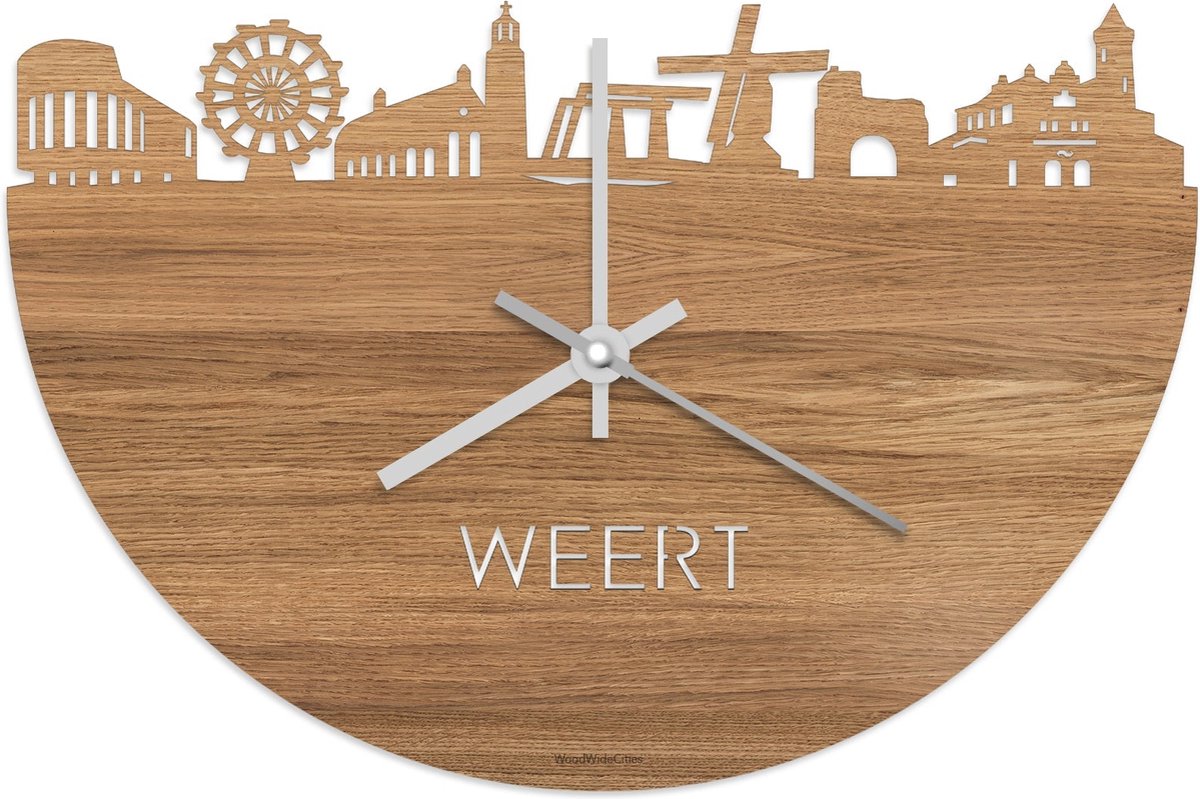 Skyline Klok Weert Eikenhout - Ø 40 cm - Stil uurwerk - Wanddecoratie - Meer steden beschikbaar - Woonkamer idee - Woondecoratie - City Art - Steden kunst - Cadeau voor hem - Cadeau voor haar - Jubileum - Trouwerij - Housewarming - WoodWideCities