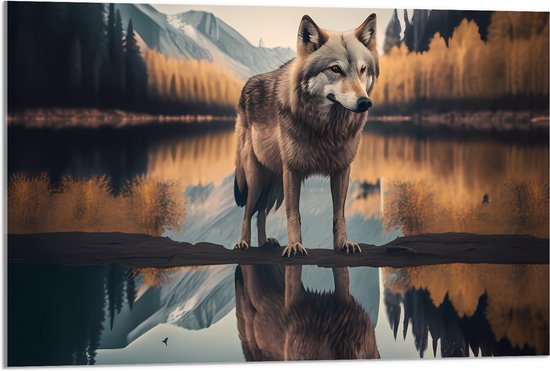 Acrylglas - Wolf in Landschap met Weerspiegeling in het Water - 90x60 cm Foto op Acrylglas (Met Ophangsysteem)