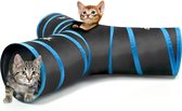 Kattunnel, opvouwbaar, 3-weg kattentunnel, speeltunnel, ritstunnel, kattenspeelgoed met pompon en klokken, voor honden, puppy, konijnen, 25 x 53 cm, zwart en lichtblauw