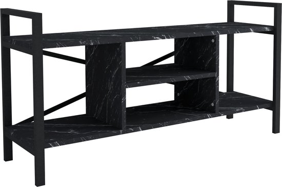 TV Kast Adena - TV meubel - TV meubel - 61x120x35 cm - Marmer Zwart en Zwart - Spaanplaat en Metaal - Met Plank