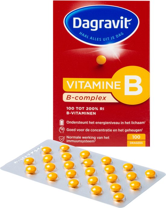 Doosje Dagravit vitamine B-complex met 100 dragees en een strip van 10 gele pillen.