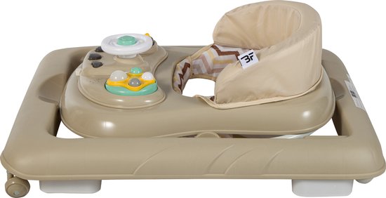 Beige loopstoel met speelblad, stuur en een zachte, beige zitting.