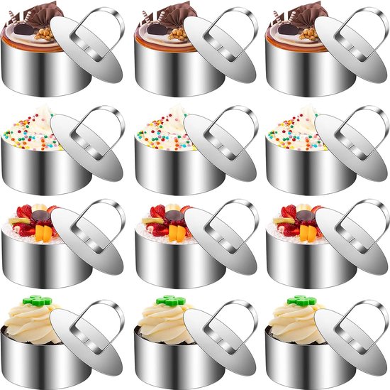 APACALI 12 Stück Dessertringe Und Speiseringe, 7.5cm Edelstahl Dessertringe Ring Set Mit Druecker, Tortenringe Kleine Backring, Runde Speiseringe Kuchenring, Dessertringe Fuer Diy Desserts Kuchen 4362406147