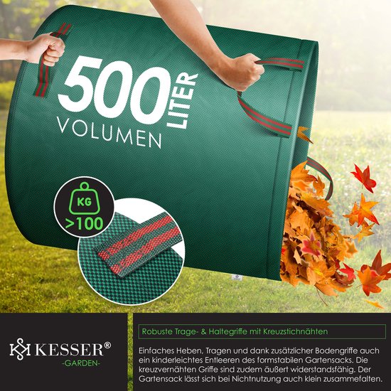 KESSER® Tuinafvalzak Tuinzak Set Bladzak incl. Handschoenen - Zelf Staand 4 Handvatten Stabiel Robuust & Opvouwbaar - Bladzakken Maaisel Tuinzakken voor Tuinafval Groenafval - 6x 500 Liter, Groen van KESSER — afbeelding 2