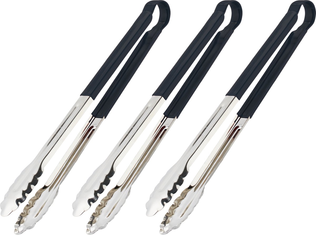 barbecuetang rvs - set van 3 - antislip handgreep - 40 cm - lang - bbq en keuken - zilver/zwart