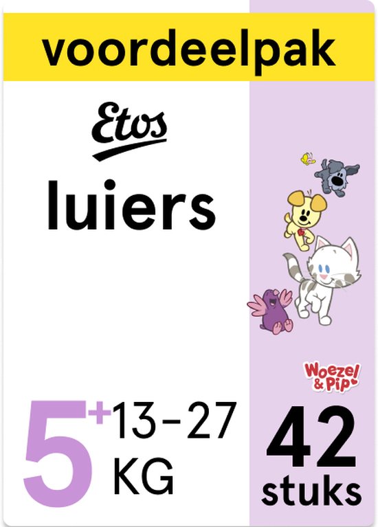 Etos Woezel & Pip Luiers Junior Plus Maat 5+ - 13-27 kg - Maandbox 126 stuks (3 x 42 stuks) - Etos