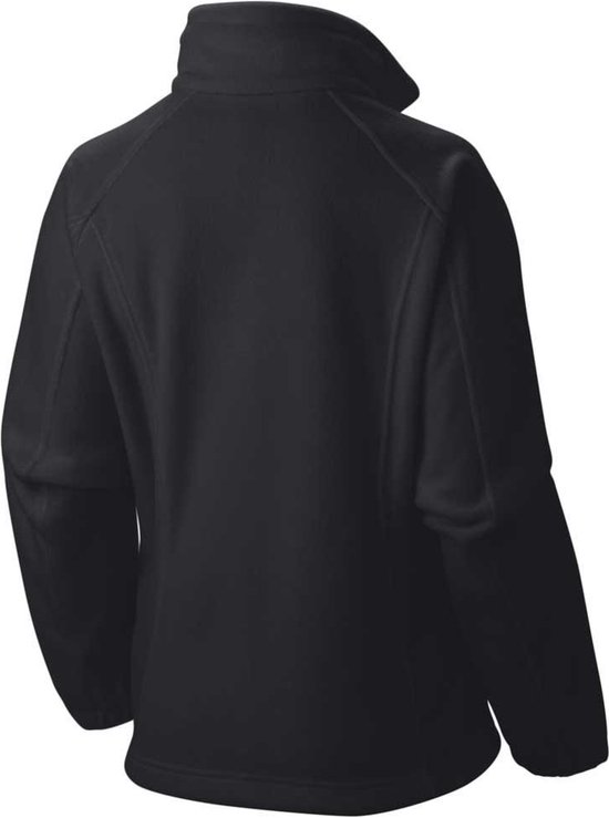 Achterkant van een zwarte Columbia fleece trui met rits en opstaande kraag.