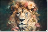 Affiche jardin - Toile jardin - Posters de jardin extérieur - Lion - Tête de lion - Animaux sauvages - Fleurs - 120x80 cm - Jardin
