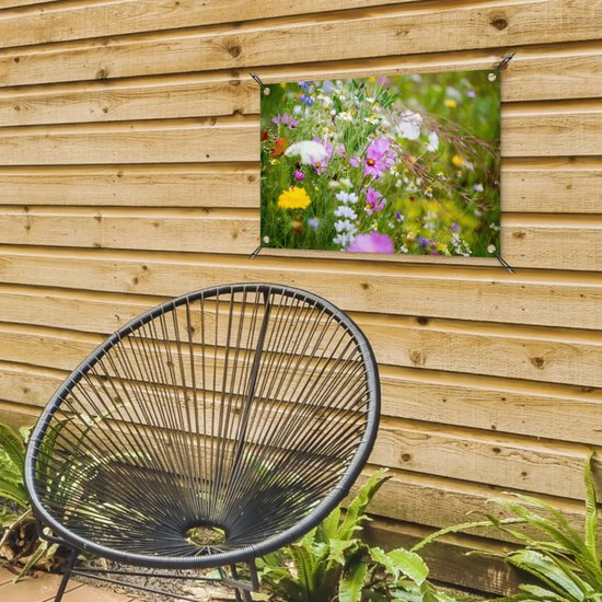 Affiche de jardin Fleurs - Nature - Vert - Herbe - Violet - Wit - 70x40 cm - Décoration murale Extérieur - Affiche de jardin - Toile de jardin - Affiche de clôture - Peinture de jardin