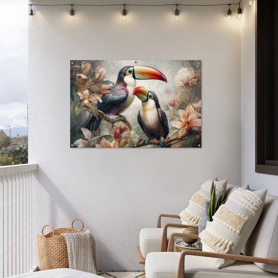 Affiche jardin - Toile jardin - Posters de jardin extérieur - Toucan - Vogels - Fleurs - Jungle - 120x80 cm - Jardin