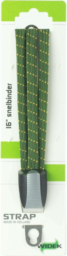 Verpakking met groene 16" snelbinder met gele stippen, zwarte/grijze haak en tekst.
