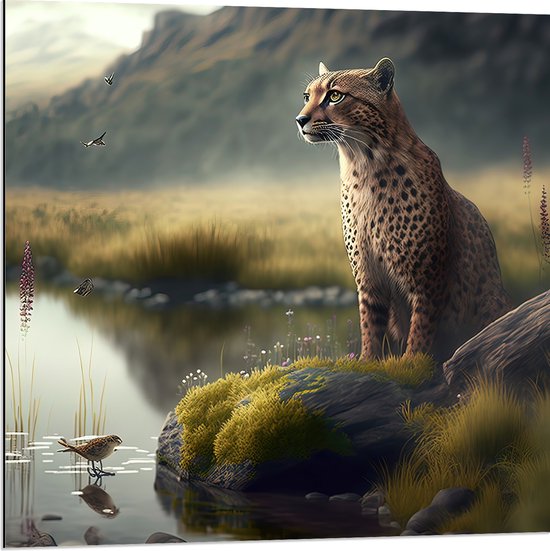 Dibond - Cheetah op Rots langs Rivier door Natuurgebied - 80x80 cm Foto op Aluminium (Met Ophangsysteem)