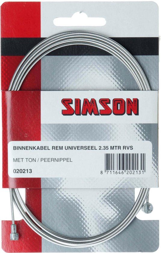 Simson binnenkabel rem universeel 2,35 mtr rvs met ton / peernippel.