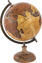 HAES DECO - Decoratieve Wereldbol met bruin houten voet - formaat 22x37cm - kleuren Oranje / Beige / Bruin - Vintage Wereldbol, Globe, Aarbol