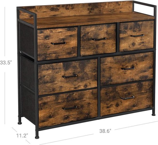 Ladekast - Ladekast - Opbergkast - Industrieel Design Ladekast - Met 7 Stoffen Lades - Vintage Bruin-Zwart - 98 x 28,5 x 85 cm