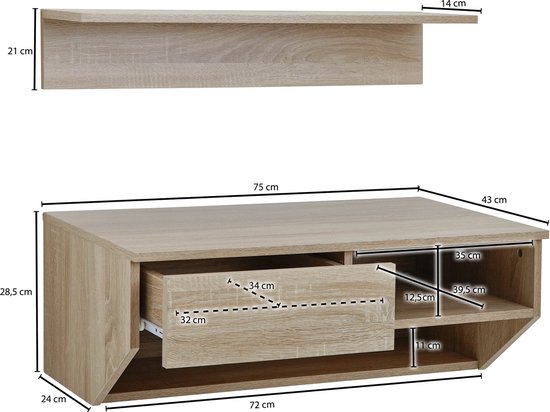 Rootz hangkast met wandplank Sonoma eiken 75 cm design zwevende plank -  Bovenkast met... | bol.com
