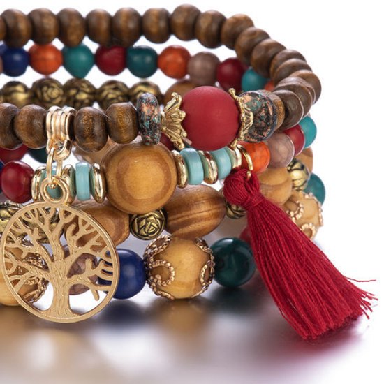 NiSy.nl Perles en bois lot de 4 bracelets | Arbre de la vie | Bracelet femme  coloré | bol