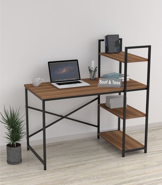 Soof&Tess - Bureau - Computertafel met planken - Thuiskantoor - Industrieel - Vintage - Bruin/zwart