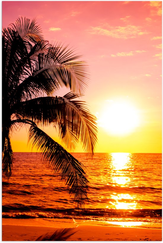 Poster (Mat) - Silhouet van Grote Palmboom boven de Golven in de Zee tijdens Zonsondergang - 60x90 cm Foto op Posterpapier met een Matte look