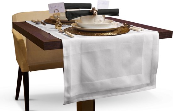 Chemin de Table Katoen + 2 Serviettes Lin - Katoen - HORECA - 60x140 - Wit/ Zwart
