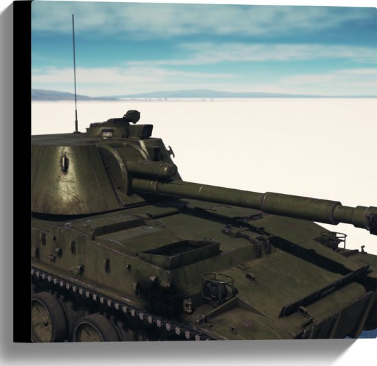 Canvas - Legergroene Tank in de Woestijn - 40x40 cm Foto op Canvas Schilderij (Wanddecoratie op Canvas)