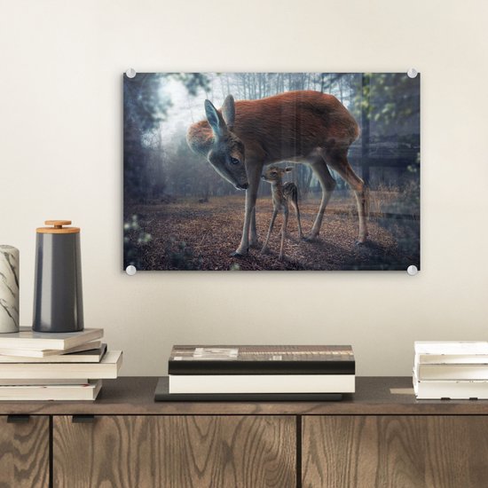 Glasschilderij - Dieren - Hert - Landschap - Bladeren - Boom - Schilderij glas - 30x20 cm - Muurdecoratie - Foto op glas