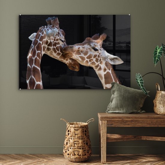 Glasschilderij - Giraffe - Dieren - Zwart - Portret - Glazen plaat - Schilderij glas - Wanddecoratie - 90x60 cm - Foto op glas