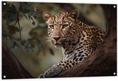 Tuinposter – Luipaard Sluipend achter Boomstronk - 120x80 cm Foto op Tuinposter (wanddecoratie voor buiten en binnen)