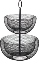 Dubbele etagere fruitschaal/fruitmand rond zwart metaal 29 x 47 cm - Fruitschalen/fruitmanden - Draadmand van metaal