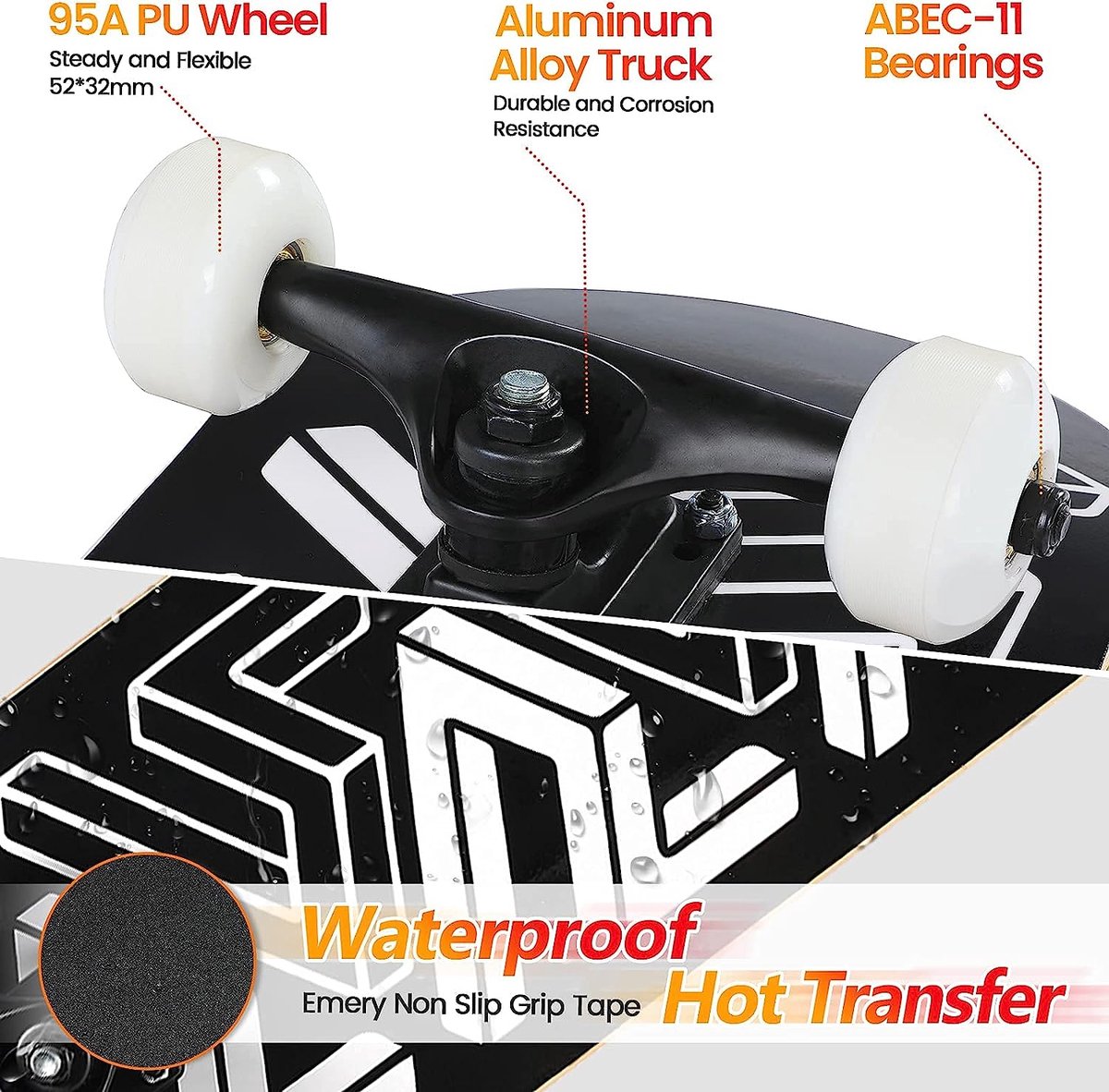 BELEEV Skateboard Cruiser complet pour enfants, adolescents et adultes, 7 couches d'érable canadien, double kick concave avec outil en T tout-en-un pour débutants