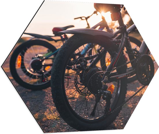 Dibond Hexagon - Wielen van Racefietsen tijdens de Zonsondergang - 70x60.9 cm Foto op Hexagon (Met Ophangsysteem)