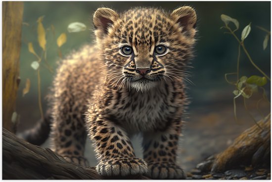 Poster Glanzend Pluizige Baby Luipaard lopend over Boomstronken 75x50 cm Foto op. bol