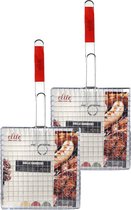 Elite BBQ/ grille de barbecue - 2x - grille à pince - métal / bois - 28 x 58 x 1 cm - viande / poisson / légumes