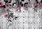 Fotobehang - Vlies Behang - Planten en Bloemen op Betonnen Muur met Motief - 460 x 300 cm
