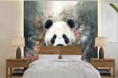 Behang - Fotobehang Panda - Wilde dieren - Bloemen - Natuur - Breedte 300 cm x hoogte 300 cm