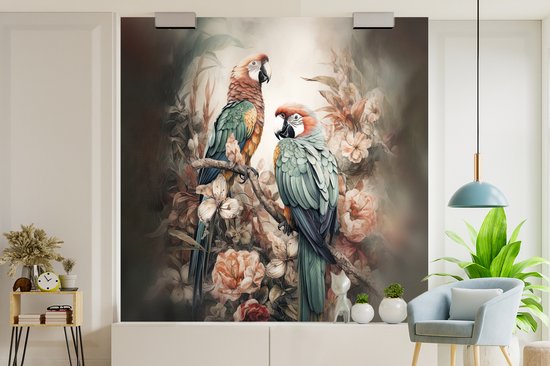 Behang - Fotobehang Papegaaien - Vogels - Natuur - Bloemen - Breedte 350 cm x hoogte 350 cm