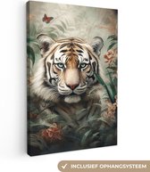 Canvas Schilderij Tijger - Vlinders - Dieren - Jungle - Bloemen - 60x90 cm - Wanddecoratie