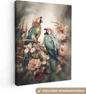 Canvas Schilderij Papegaaien - Vogels - Natuur - Bloemen - 30x40 cm - Wanddecoratie