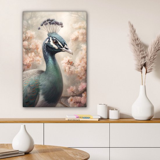 Tableau sur toile Paon - Vogels - Fleurs - Arbre - Botanique - 40x60 cm - Décoration murale